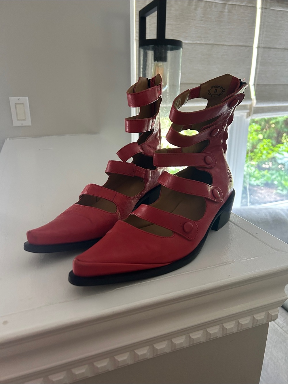 John Fluevog Red Strappy Pointed-Toe Heels